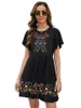 パーティードレスKhalee Yose Boho Floral Embroidery Black Summer Mexican Shirt Women Holiday Bohemain Vintage 2XXL Ethnic Mini Dress