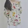 Women's Blouses 2023 Summer Women Elegant Flower Print Half-sleeve Off Shoulder Shirt Fashion Loose Cotton Blouse Runway Casual Holiday Tops