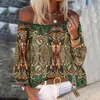 Chemisiers pour femmes Élégant Skin-Touch Ruffle Sheer Confortable Style Ethnique Bohême Vintage Impression Pull Top Boho Shirt Avant Creux