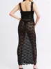 Vestidos casuais Balck See Through Lace Mesh Sling Feminino Sexy Banquet Strap Dividido Maxi Vestidos Vestido Férias de Verão Robe Noite