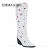 408 Empelled Chunky Cowgirl Western Boots Block Heels Knee High Boot Pointed Toe Slip-On Gemstone Decor Botas de Mujer 2 43