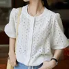 Blusas de mujer Bordado Algodón Cuello redondo Camisa de encaje Mujer Francés Vintage Puff Manga Blusa blanca Elegante Hollow Out Casual Tops Blusa