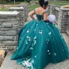 2024 Emerald Green Shiny Quinceanera Dresses Applique 3D Flower Crystal Court Train Formal Ball Gowns Birthday Party Gowns
