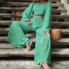 Ensembles de pantalons deux pièces pour femmes Womens 2 Fashion 2023 Green Autumn Style Small Fresh Broken Flower Dew Back Strap Top Wide Leg Bell-bottoms