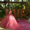 Sweety Off the Shoulder Quinceanera Dresses 3D Flower Lace Applique Sweet 15 Prom Gown Glitter Ball Gown Junior Birthday Photography Dress