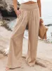 Women s Pants s Foridol Spring Summer Cotton Linen Women Pockets Solid Casual White Wide Leg Office Lady Long Trousers Khaki 2023 230808