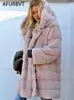 冬の女性高品質のフェイクウサギファーコート贅沢長い毛皮のコートルーズラペルオーバーコート厚い暖かい女性のぬいぐるみブラックT230808