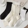 Meias femininas 5 pares/lote para babados de algodão tubo médio tornozelo curto respirável preto branco conjunto quatro estações