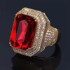 Wedding Rings Fashion Big Male Wide Red Zircon Stone Geometric Ring Luxury Yellow Gold Color Iced Out Wedding Rings for Men Women Hip Hop 230808