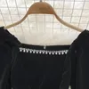 Casual Dresses 2023 Design Women's Retro Square Collar Long Sleeve Rhinestone Patched High midje Velvet Fabric Ball klänning Kort svart klänning