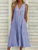 Casual Dresses Elegant Polka Dot Sleeveless Pockets Dress for Women 2023 Summer V-Neck randig Loose Office Lady Button Chic Midi