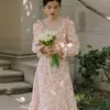 Sukienki zwyczajne sukienki panie francuskie vintage haft drukowany wiosna 2023 podwójna warstwa marszczone słodkie gałęź eleganckie slevidos