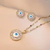 Collier boucles d'oreilles ensemble bohème yeux bleus rond goujon et pendentifs chaînes en acier inoxydable colliers pour femmes blanc Zircon mariée