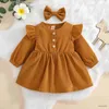 Robes de fille Ma Bayi 0-4 Gaun Korduroi Bayi Anak Perempuan Bayi Baru Lahir Gaun Kancing Ruffles Lengan untuk Anak Perempuan Musim Semi Musim Gugur