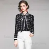 2023 Designer Printed Black Shirts Long Sleeve Women Runway Button Shirt Office Ladies Ribbon Bow Blouses Spring Summer Slim Fit Stylish Luxury Tops T230808