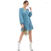 Casual Dresses Shyloli Frauen Dot Rüschen A-Linie Gürtel Kleid V-Ausschnitt Laterne Langarm Mini Blau 2023 Fanshion Herbst
