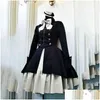 Theme Costume Medieval Retro Gothic Black Lace Up Chain Bow Lolita Coat Long Sleeves Ruffle Ic Dress Slim Knee Length Cosplay Clot L Dh3Rm