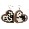Dangle Earrings Cowhide Animal Leopard Leather Inset Wood Love Heart Drop For Women Cowgirl Jewelry Western