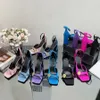 Son moda-heeled ayakkabılar gerçek ipek ayak bileği kayışı tıknaz topuk sandal sdecoratif pompa 9cm parti elbise yemek ayakkabıları lüks tasarımcı sandalet Sandals kadın kutu