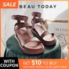 Gladiator Beautoday 495 Sandals Women Women Calfskin Leather Aberto do dedo T-Bar Strap Hook Loop Sapatos Ladies Sapatos feitos à mão 07130 230807 B