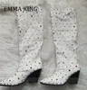 408 PEBRELLADE CHUNKY BLOCK COWGIRL Western Heels Boots Kne High Boot Pointed Toe Slip-On Gemstone Decor Botas de Mujer 230807 592