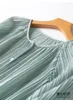 Blusas Femininas Femininas Blusa de Seda Dobrada com Listras de Verão Manga Três Quartos Casual Elegante Verde Claro Camisa Sólida Natural Tops