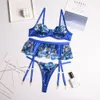 Sexig kjol Yimunancy 3 Piece Lace Bra Set Women Embroidery Panty Underwear Ladies Blue Patchwork Lingerie 230807