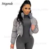 Womens Down Parkas Stigende Cotton Padded Coat Women Patchwork Puffer Parka Outwear Solid Color Winter Warm Zipper Crop Top Jacket Chaqueta Mujer 221007 T230808