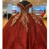 赤い光沢のあるQuinceAneraドレスゴールドアップリケムールガウンキラキラカクテルドレスVestidos de 15 Quinceaneraスパンコールイブニングドレス