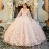 Jolie Princesa 3D Fleurs Perle Cape Amovible Watteau Blush Rose Mexicano Douce 16 Robe De Quinceanera Robe De Bal 2021 Printemps Nouveau 298g