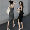 Casual Dresses 2023 Summer Fashion Y2k Style Women's Suspenders One-Line Shoulder Sexy Solid Color Slim Slit Leg Length Short Black Dress