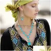 Earrings Necklace Set 4 Pieces Bohemian Turquoise Jewelry For Women Western Pendant Dangle Stretchable Bracelet Dubai Drop Dhgarden Dhjso