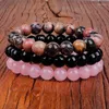 Pulseira de pedra natural feminina, masculina e feminina, 3 peças, 8 mm, pó rosa, quartzo, ametista, hematita