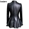 Skórzana sztuczna skóra Lautaro jesienna czarna czarna szczupła kurtka skórzana pu Kobieta głęboka v szyja długa puff rękawa elegancka luksusowa spódnica moda 2021 HKD230808