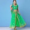 Stage Wear Women Sequins Belly Dance Clothes Set Gold Floral Printing Cropped Tops Long Maxi Skirts India Performance Suit