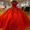 Red Sparkly Quinceanera robes de luxe formelle perles de dentelle appliques 3dflower sweet 15 robe graduation ball gwons