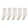 Chaussettes femmes à volants pour 5 paires/lot mi équipage milieu Tube cheville haute respirant noir blanc Calcetines femme printemps automne chaussette