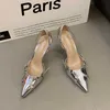 Silver High Heels Sandals Women Summer 2023 Punk Goth Pointed Toe Party Shoes Woman Metallic Thin Heeled Dress Pumps Ladies 230807