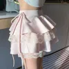 Röcke Kawaii Rosa Rüschen Minirock Frauen Fairycore Spitze Doppelschicht Nette Hohe Taille Bandage Sexy Kurze Kokette Lolita