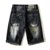 Men's Jeans Men Ripped Denim Shorts Stretch Dark Blue Hip Hop Straight Fit Embroidered Patchwork Summer Oversized 40