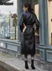 Kvinnors läderfaux Nerazzurri Spring Dark Green Waterproof Trench Coat for Women Belt Black Long Loose Korean Fashion 2022 HKD230808