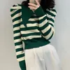 Pulls pour femmes vert manches bouffantes rayure femmes 2023 coréen revers recadrée pull femme printemps automne à manches longues pull en tricot