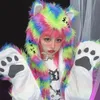 Beanie Skull Caps Y2K Millennial Tie Japanese Harajuku Rainbow Fur Faux Hooded Cat Ear Scarf Gloves Chapeus Feminino Gorros Invierno 230808