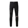 Men's Jeans AM Brand Distressed Streetwear Embroidered Letters Pattern Pants Patchwork Damaged Skinny Stretch Ripped Trousers