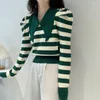 Pulls pour femmes vert manches bouffantes rayure femmes 2023 coréen revers recadrée pull femme printemps automne à manches longues pull en tricot