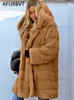 冬の女性高品質のフェイクウサギファーコート贅沢長い毛皮のコートルーズラペルオーバーコート厚い暖かい女性のぬいぐるみブラックT230808