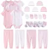 Ensembles de vêtements couleur unie né coton body pantalons gants chapeaux chaussettes bébé fille vêtements unisexe à manches courtes garçon Bebes 230808