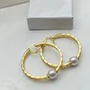 Gold Vintage Hollow Out Interlock Mönster Pearl Stor Circle Women's Earrings Hoop Huggie, Designer Luxury, Christmas, Valentine's Day, High Quality With Box