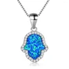 Pendanthalsband Vitblå opal hand av Fatima Hamsa halsband Luxury Female Silver Color Box Chains Crystal Jewelry Gift