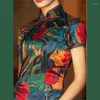 Vêtements ethniques chinois traditionnel Qipao robe femmes moderne 2023 vert imprimé à manches courtes longue Cheongsam Sexy élégant fendu mince rétro